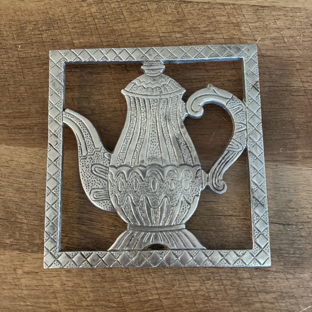 Vintage Trivet Teapot Silver Colored Metal Tea Party Whimsical Square
